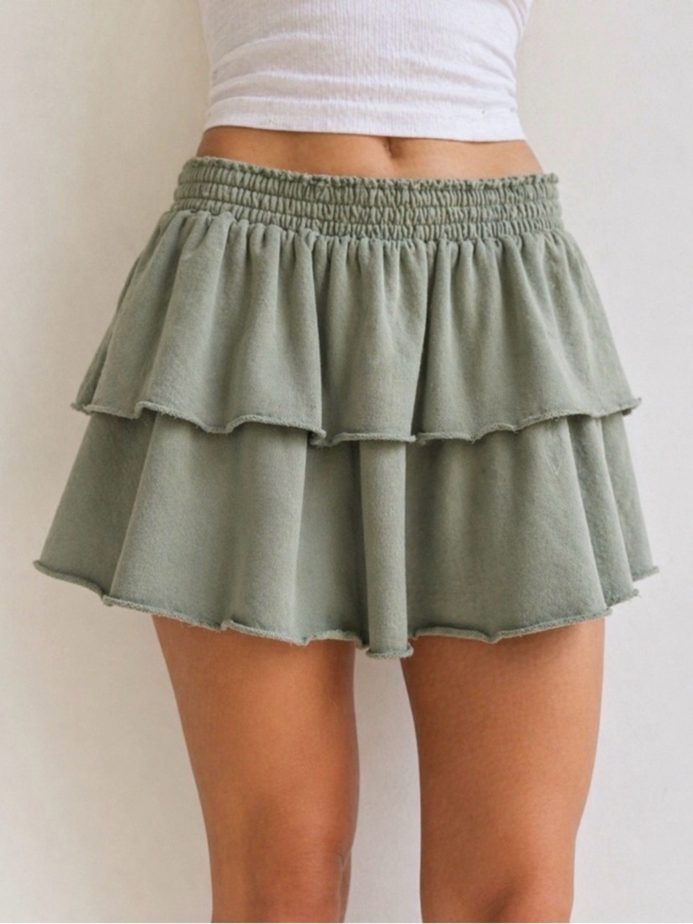 Aerie Sage Green Tiered Mini Skirt French Terry Raw Edges Medium M